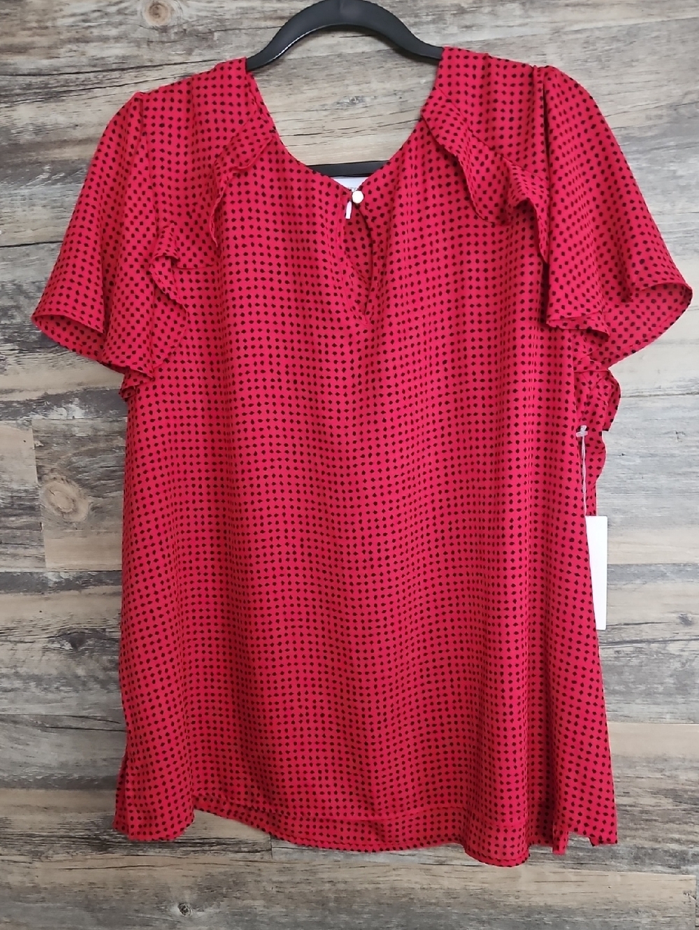 Liz Claiborne Red Short Ruffle Sleeve Blouse with Black Dot Print
